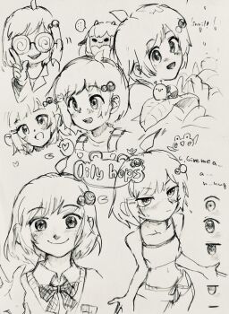 1girl 2025 2others baby_animal belly character_name doodle english_text flat_chest freckles greyscale highres hug indie_virtual_youtuber lamb lily_hopkins loli mao_comicartlab monochrome multiple_others sheep sketch snail solo