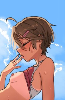 1girl ahoge arm_support bare_shoulders bikini blue_sky blush breasts brown_hair closed_eyes cloud commentary cumulonimbus_cloud day english_commentary eyelashes from_side hair_ornament hairclip highres kyoko_(madaotheory) leaning_back licking madaotheory nipples nose_blush original outdoors parted_lips profile pussy_juice pussy_juice_in_mouth pussy_juice_on_fingers pussy_juice_trail red_bikini short_hair sky small_breasts solo sweat swimsuit tan tanline tomboy tongue tongue_out upper_body very_sweaty white_trim