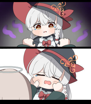 2girls blue_archive blush_sticker bow bowtie braid chibi comic earrings eri_(blue_archive) halo hat highres jewelry long_coat multiple_girls orage_eyes pinching_cheek sabnak66 shirt shoulder_grab sweater tearing_up white_hair witch_hat