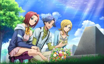 1boy 2girls artist_request bare_shoulders blonde_hair blue_eyes blue_hair blush breasts brown_eyes code_geass code_geass:_fukkatsu_no_lelouch code_geass:_lost_stories game_cg highres jacket kouzuki_kallen large_breasts long_hair milly_ashford multiple_girls non-web_source official_art open_clothes open_jacket red_hair rivalz_cardemonde short_hair