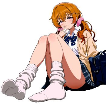 1girl bag bare_legs black_skirt blue_bow blue_bowtie blush bow bowtie brown_hair closed_mouth convenient_leg eyelashes feet full_body hair_between_eyes hair_ornament hair_scrunchie hand_up hashtag-only_commentary highres knees_together_feet_apart knees_up konoe_kanata long_hair looking_at_viewer loose_socks love_live! love_live!_nijigasaki_high_school_idol_club miniskirt no_shoes plaid_clothes plaid_skirt pleated_skirt purple_eyes school_bag school_uniform scrunchie shirt simple_background sitting skirt socks soles solo toes twintails white_background white_shirt white_socks x_hair_ornament zaofeng