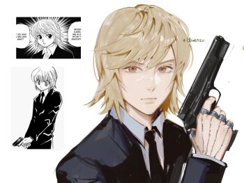 1boy artist_name black_jacket black_necktie blonde_hair brown_eyes chain clivenzu collared_shirt formal_clothes gun handgun highres holding holding_gun holding_weapon hunter_x_hunter jacket kurapika long_sleeves looking_at_viewer male_focus necktie reference_inset shirt short_hair simple_background suit togashi_yoshihiro weapon white_background white_shirt