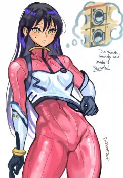 1girl black_hair bodysuit commentary_request english_text gundam gundam_gquuuuuux highres long_hair mecha_pilot_suit nyaan_(gundam_gquuuuuux) okrdisk2000 red_bodysuit solo speech_bubble thought_bubble very_long_hair washing_machine yellow_eyes