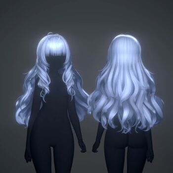 1girl 3d antenna_hair ass bad_link black_background colored_skin comparison curly_hair drill_hair faceless from_behind gradient_background grey_background grey_hair greyscale long_hair monochrome original shadow sidelocks silhouette walking white_hair wishlist_vrc