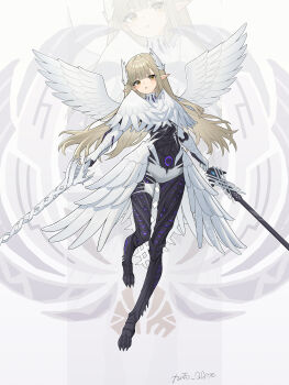 1girl :o absurdres alternate_costume arknights armored_boots artist_name blonde_hair boots chinese_commentary commentary_request dual_wielding elbow_gloves elf full_body gloves highres holding holding_weapon jiuyu_qame long_hair looking_at_viewer mole mole_under_eye monster_hunter_(series) muelsyse_(arknights) parted_lips pointy_ears solo weapon white_gloves white_wings wings yellow_eyes zoom_layer