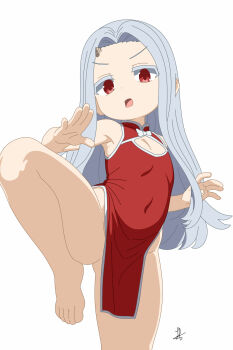 1girl absurdres alternate_costume artist_logo bare_shoulders barefoot boku_no_hero_academia china_dress chinese_clothes cleavage_cutout clothing_cutout covered_navel dot_nose dress eri_(boku_no_hero_academia) eyebrows female_focus flat_chest foot_out_of_frame from_below grey_hair highres hikari_(takohoshino) horns knee_up leg_up logo loli long_hair looking_at_viewer looking_down open_mouth pelvic_curtain red_dress red_eyes serious simple_background single_horn sleeveless sleeveless_dress solo standing standing_on_one_leg toes two-tone_dress white_background white_dress