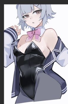 1girl black_leotard black_pantyhose blue_hair bow bowtie breasts commentary detached_collar highres jacket koharu_rikka leotard looking_at_viewer off_shoulder open_clothes open_jacket open_mouth pantyhose pink_bow pink_bowtie playboy_bunny short_hair simple_background solo strapless strapless_leotard symbol-only_commentary synthesizer_v ubah unfinished white_background
