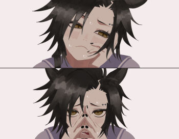 1girl air_shakur_(umamusume) animal_ears black_hair black_nails commentary_request eyebrow_piercing face_piercing frown hand_on_own_face highres horse_ears looking_at_viewer moheji_(user_gywn2472) multiple_views own_hands_together piercing purple_sailor_collar sailor_collar school_uniform sharp_teeth sideways_glance simple_background sweat teeth tongue tongue_out tracen_school_uniform umamusume white_background yellow_eyes