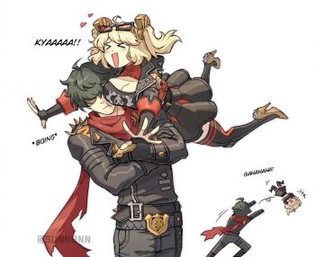 Rule 34 | > <, +++, 1boy, 1girl, :t, anger vein, belt, black gloves, black hair, black jacket, black pants, black skirt, black thighhighs, blonde hair, blush, breasts, burnice white, cleavage, commentary, crossed arms, english commentary, english text, eyewear on head, glomp, gloves, hair between eyes, heart, high heels, hug, jacket, lighter (zenless zone zero), multiple views, open mouth, pants, red scarf, scarf, simple background, skirt, sunglasses, sunnbnn, thighhighs, throwing, throwing person, white background, zenless zone zero