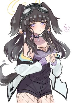 1girl absurdres animal_ears black_hair blue_archive blush commentary_request dog_ears dog_girl dog_tail fishnet_pantyhose fishnet_thighhighs fishnets goggles goggles_on_head halo hibiki_(blue_archive) highres long_hair looking_at_viewer open_mouth pantyhose shino_duka simple_background smile solo tail thighhighs white_background yellow_halo
