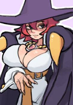 Rule 34 | 1girl, amulet, blue eyes, breasts, capcom, cape, claws, cleavage, cowboy shot, expressionless, fingernails, hand up, hat, huge breasts, jewelry, karu 184, large breasts, long fingernails, looking at viewer, low neckline, necklace, purple cape, purple hat, red hair, sharp fingernails, short hair, solo, tabasa, warzard, witch, witch hat