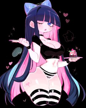 1girl blue_eyes blue_hair blunt_bangs bow breasts cake cake_slice colored_inner_hair food fork hair_bow halo heart highres holding holding_fork holding_plate large_breasts long_hair multicolored_hair panties panty_&amp;_stocking_with_garterbelt pink_hair plate purple_hair stocking_(psg) striped_clothes striped_panties striped_thighhighs thighhighs two-tone_hair underwear usa37107692