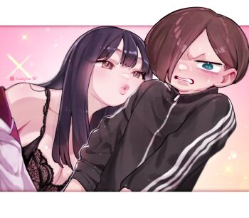 1boy 1girl :3 assertive_female black_bra black_hair black_jacket blue_eyes blush boku_no_kokoro_no_yabai_yatsu border bra breasts brown_eyes cleavage clenched_teeth collarbone hair_over_one_eye hetero highres ichikawa_kyoutarou imminent_kiss instagram_username jacket lace lace_bra leaning_on_person lianbiglian lips long_hair long_sleeves looking_at_another official_alternate_costume official_art outside_border pink_jacket ringed_eyes short_hair striped_clothes striped_jacket teeth track_suit underwear upper_body vertical-striped_clothes vertical-striped_jacket white_border yamada_anna