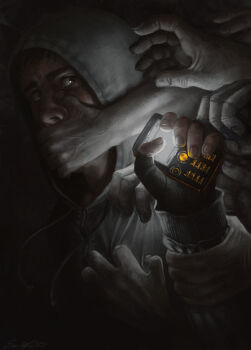 1boy covering_another&#039;s_mouth cry_of_fear dim_lighting erin_winn glowing grey_hoodie holding holding_another&#039;s_wrist holding_phone hood hood_up hoodie male_focus out_of_frame phone reaching reaching_towards_another simon_henriksson sparkling_eyes upper_body