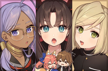 >_< 2boys 3girls :d :o ahoge animal_ear_fluff animal_ears bindi black_bow black_hair black_jacket black_sailor_collar blonde_hair blue_bow blue_eyes blue_sleeves blush_stickers bow brown_hair closed_eyes column_lineup dark-skinned_female dark_skin fate/extra fate/extra_ccc fate_(series) flying_sweatdrops fox_ears fox_girl fox_tail glasses green_eyes hair_between_eyes hair_bow hair_over_shoulder jacket jewelry karokuchitose kishinami_hakuno_(male) leonard_bistario_harway light_blush long_hair looking_at_viewer lower_teeth_only multiple_boys multiple_girls neckerchief necklace open_mouth over-rim_eyewear parted_bangs pink_hair ponytail ponytail_holder purple_eyes purple_hair rani_viii red_neckerchief sailor_collar school_uniform semi-rimless_eyewear serafuku shirt short_hair smile sweatdrop tail tamamo_no_mae_(fate) teeth tohsaka_rin_(fate/extra) tsukumihara_academy_uniform_(fate/extra_ccc) twintails white_shirt yellow-framed_eyewear