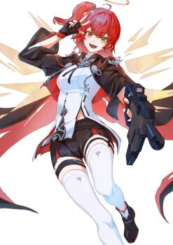 1girl absurdres arknights black_gloves black_jacket black_shoes black_shorts breasts cropped_jacket dutch_angle earrings energy_wings exusiai_(arknights) exusiai_the_new_covenant_(arknights) fingerless_gloves foot_out_of_frame gloves gun halo highres holding holding_gun holding_weapon jacket jewelry kriss_vector long_sleeves looking_at_viewer medium_breasts medium_hair one_side_up open_clothes open_jacket open_mouth orange_eyes red_hair shimizu_kazunari shirt shoes short_shorts shorts simple_background skindentation solo submachine_gun thigh_strap thighhighs traditional_halo w weapon white_background white_shirt white_thighhighs yellow_halo yellow_wings