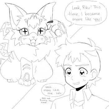 Rule 34 | 1boy, cat, digimon, digimon (creature), digimon ghost game, fangs, fukatsu riko, good end, highres, looking at another, meicoomon, short hair