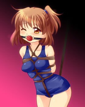 1girl arle_nadja arms_behind_back ball_gag bdsm blush bondage bound bound_wrists box_tie breast_bondage crotch_rope female_focus gag highres madou_monogatari one_eye_closed puyopuyo rope shibari solo sweetsprite swimsuit wince wink