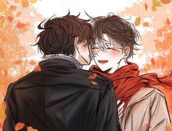 Rule 34 | 2boys, black hair, black shirt, blush, closed eyes, commentary request, day, facing another, falling leaves, hand on own chest, highres, kim dokja, korean commentary, leaf, looking at another, male focus, multiple boys, obok 0215, omniscient reader's viewpoint, outdoors, red scarf, scarf, shirt, short hair, upper body, yellow shirt, yoo joonghyuk