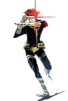 1boy belt_pouch black_bodysuit bodysuit brown_hair closed_mouth cyclops_(x-men) dutch_angle eye_beam full_body gloves hand_on_headwear hand_up hashtag-only_commentary head-mounted_display highres male_focus marvel naratani pouch short_hair simple_background solo standing superhero_costume white_background white_gloves x-men