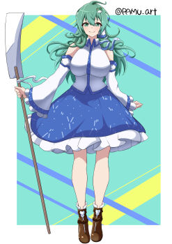 1girl absurdres blush boots breasts brown_boots detached_sleeves frog frog_hair_ornament full_body gohei green_background green_eyes green_hair hair_ornament hair_tubes highres holding holding_gohei kochiya_sanae large_breasts long_hair looking_at_viewer nontraditional_miko pamu_art single_hair_tube skirt smile snake_hair_ornament solo touhou white_background