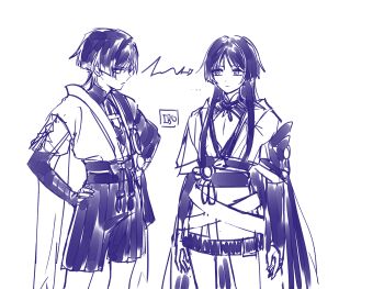 2boys 49ibo240 alternate_hair_length alternate_hairstyle alternate_universe armor arms_at_sides artist_name belt blunt_tresses bodysuit bow bridal_gauntlets cape closed_mouth cosplay dual_persona expressionless fingernails furisode genshin_impact hakama hakama_shorts hands_on_own_hips highres japanese_armor japanese_clothes kimono kote lightning_glare long_hair long_sidelocks looking_at_another mandarin_collar middle_ring monochrome multiple_boys obi obiage open_hands pectoral_cleavage pectorals pleated_shorts pom_pom_(clothes) raiden_shogun raiden_shogun_(cosplay) sash scaramouche_(genshin_impact) short_kimono short_sleeves shorts shrug_(clothing) sidelocks single_sode sketch very_long_hair wanderer_(genshin_impact)