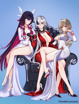 3girls alternate_costume arlecchino_(genshin_impact) armchair artist_name black_eyes black_hands black_shoes black_streaks blue_background blue_eyes breasts brown_hair chair cleavage closed_eyes closed_mouth colored_extremities colored_inner_hair colored_shoe_soles columbina_(genshin_impact) commentary crossed_arms dress english_commentary eye_mask full_body genshin_impact girl_sandwich glitter_dress hair_between_eyes hair_over_shoulder hand_on_another's_shoulder hand_up head_wings high_heels highres holding_hands jewelry large_breasts long_hair long_sleeves looking_at_viewer mask matching_outfits medium_breasts multicolored_hair multiple_girls necklace on_chair parted_lips plunging_neckline pumps purple_hair red_dress red_streaks sandrone_(genshin_impact) sandwiched shoes simple_background sitting sitting_on_lap sitting_on_person smile streaked_hair symbol-shaped_pupils tomatolaccoon very_long_hair white_dress white_shoes wings x-shaped_pupils yuri