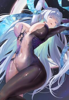 1girl absurdres arms_behind_head blue_eyes bodysuit breasts commentary_request covered_navel goddess_of_victory:_nikke highres large_breasts long_hair multicolored_bodysuit nayuta_(nikke) nayuta_(wu_wei)_(nikke) official_alternate_costume purple_eyes sky solo star_(sky) starry_sky tada_(pixiv41160771) thighs two-tone_bodysuit very_long_hair white_hair