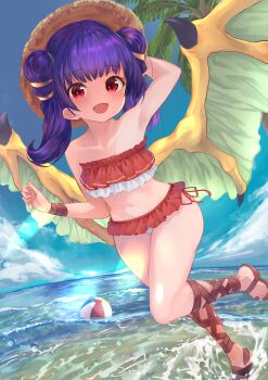 1girl :d absurdres armpit_peek ball bare_shoulders beach beachball bikini commission dragon_girl dragon_wings fire_emblem fire_emblem:_the_sacred_stones frilled_bikini frills hand_on_headwear hat highres huge_filesize loli myrrh_(fire_emblem) navel nintendo ocean open_mouth outdoors purple_hair r_utchi red_eyes running sandals skeb_commission smile straw_hat swimsuit twintails wings