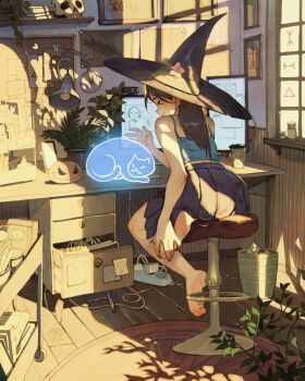 1girl artist_logo barefoot blue_shirt brown_hair bulletin_board cart cat charging_device closed_mouth commentary computer computer_keyboard crop_top cup day desk disposable_coffee_cup disposable_cup drawer earrings english_commentary flower ghost hat hat_flower highres jack-o&#039;-lantern jar jewelry lamp leaning_forward logo long_hair monitor on_stool open_drawer original petting plant pleated_skirt ponytail potted_plant rug runes shirt simz sitting skirt skull slice_of_life stool trash_can video_call webcam window witch_hat