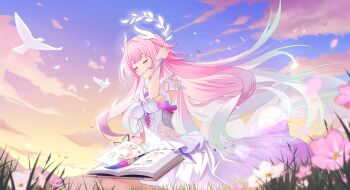 1girl absurdres as_i've_written_(honkai:_star_rail) bird blue_sky book breasts commentary cyrene_(demiurge)_(honkai:_star_rail) cyrene_(honkai:_star_rail) dove dress field flower flower_field highres honkai:_star_rail honkai_(series) large_breasts long_hair multicolored_hair open_book pink_hair sarablanche sitting sky smile solo symbol-only_commentary two-tone_hair very_long_hair white_dress white_hair