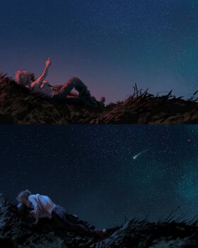 1boy 1girl black_hair blonde_hair boy_on_top breasts cloud_strife commentary couple english_commentary final_fantasy final_fantasy_vii from_side grass hetero highres hug kiss looking_up lying night on_back outdoors pointing pointing_up profile safaia shooting_star sideboob sky spiked_hair square_enix star_(sky) starry_sky tifa_lockhart topless_female topless_male