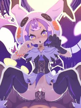 1boy 1girl acerola_(fall_2020)_(pokemon) acerola_(pokemon) age_difference bead_bracelet beads bracelet capelet censored claw_pose clothed_female_nude_male cosplay cowgirl_position dark-skinned_male dark_skin erection facing_viewer full_moon gastly gen_1_pokemon gen_2_pokemon gen_3_pokemon gen_7_pokemon gengar gloves heart heart_censor hetero highres hood jewelry kaikoinu loli looking_at_viewer mimikyu mimikyu_(cosplay) misdreavus moon motion_lines nintendo no_panties nude open_mouth penis pokemon pokemon_sm pov pov_crotch purple_eyes purple_hair sableye sex single_glove stomach_bulge straddling thighhighs vaginal