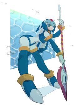 1girl armor bent_over blue_armor blue_eyes blue_helmet blue_panties blue_thighhighs commentary_request crop_top fairy_leviathan_(mega_man) fins forehead_jewel full_body gem head_fins helmet highres holding holding_polearm holding_weapon humanoid_robot lemon_inu mega_man_(series) mega_man_zero_(series) panties polearm robot robot_girl simple_background solo spear thighhighs underwear weapon white_background