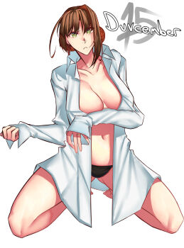 1girl absurdres antenna_hair black_panties braid breasts bun_with_braided_base cleavage collarbone commentary dated duvalie eiyuu_densetsu english_commentary english_text frown full_body green_eyes hair_between_eyes hair_bun highres kneeling large_breasts light_frown long_sleeves moren_eh naked_shirt panties sen_no_kiseki_(series) shirt single_hair_bun single_hair_intake solo underwear white_shirt