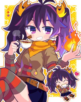 1girl ^_^ absurdres bandaid bandaid_on_cheek bandaid_on_face bandana belt black_thighhighs blue_skirt blush boots breasts brown_belt brown_boots brown_shirt character_request chibi closed_eyes commentary_request commission copyright_request crossed_legs cup drinking earrings fire fire_hair_ornament floating_earrings grin heart highres holding holding_cup jewelry looking_at_viewer medium_hair multiple_views orange_bandana pixiv_commission purple_eyes purple_hair pyrokinesis red_thighhighs richard_(richaball) shirt skirt small_breasts smile steam striped_clothes striped_thighhighs tea teacup thighhighs twintails zettai_ryouiki