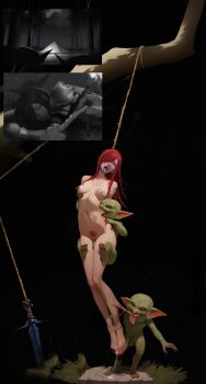 1girl 2boys arm_tattoo arms_behind_back asphyxiation bad_end barefoot bite_mark bite_mark_on_breast biting blood bound_ankles branch breasts colored_skin crying crying_with_eyes_open cum defeat defloration drooling dying eating ejaculation erza_scarlet fairy_tail feet goblin grabbing_another's_breast green_skin groping guro hanged hanging hard_vore highres humiliation imminent_death long_hair medium_breasts monster multiple_boys night nipples noose nude open_mouth outdoors penis peril pointy_ears rape red_eyes red_hair sex sex_from_behind standing strangling strangulation swinging sword tattoo tears tongue tongue_out tree vore weapon