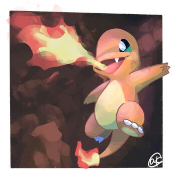 border breath_weapon breathing_fire bright_pupils charmander claws commentary_request fire flame-tipped_tail flamethrower_(pokemon) full_body gen_1_pokemon highres karasusho looking_ahead nintendo no_humans open_mouth outstretched_arms pokemon pokemon_(creature) signature solo spread_arms tail white_border white_pupils