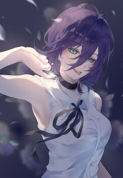 1girl black_choker black_ribbon chainsaw_man choker green_eyes grenade_pin hair_between_eyes highres ku570202 medium_hair neck_ribbon purple_hair reze_(chainsaw_man) ribbon shirt sleeveless sleeveless_shirt solo tongue tongue_out white_shirt