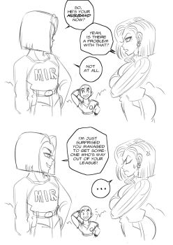 1girl 2boys android_17 android_18 anger_vein angry bald bald_male black_eyes black_hair brother-in-law brother_and_sister dragon_ball dragon_ball_super english_text funsexydragonball happy highres husband_and_wife kuririn multiple_boys siblings smile smug speech_bubble sweatdrop