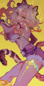 1girl absurdres animal_ears arm_strap backless_outfit bare_back bare_shoulders belt blonde_hair bracelet braid cowboy_shot crop_top denim denim_shorts fur-trimmed_shorts fur_trim genshin_impact green_eyes high-waist_shorts highres jaguar_ears jaguar_girl jaguar_tail jewelry kntnkdsbk_3 leg_tattoo looking_at_viewer multiple_bracelets shirt short_shorts shorts simple_background single_braid sleeveless sleeveless_shirt solo stomach studded_belt tail tattoo thick_thighs thighs white_shirt xilonen_(genshin_impact) yellow_background