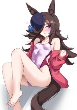 1girl absurdres animal_ears barefoot blue_flower blue_hat blue_jacket blue_rose blush breasts brown_hair brown_tail closed_mouth commentary competition_swimsuit covered_navel feet flipped_hair flower flying_sweatdrops hair_over_one_eye hat hat_flower highleg highleg_one-piece_swimsuit highres horse_ears horse_girl horse_tail jacket kibihimi legs long_hair long_sleeves looking_at_viewer off_shoulder one-piece_swimsuit open_clothes open_jacket purple_eyes rice_shower_(umamusume) rose simple_background small_breasts solo swimsuit tail thighs toes umamusume untranslatable_commentary white_background white_one-piece_swimsuit