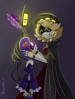 absurdres android black_tail blush cape dress fangs fingerless_gloves gloves grey_hair hat headgear highres holding_detached_head looking_at_another machine mechanical_arms mechanical_legs monster_tail murder_drones n_(murder_drones) n_talii_7 pants purple_eyes robot screen smile syringe tail teeth uzi_(murder_drones) yellow_eyes