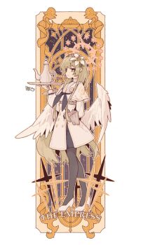 1701hbk 1girl angel_wings arm_behind_back black_neckerchief black_pantyhose blue_archive brown_hair capelet card_(medium) chinese_commentary closed_mouth commentary_request dress feathered_wings flower full_body gun hair_flower hair_ornament halo handgun high_heels highres holding holding_tray long_hair long_sleeves looking_at_viewer low_wings nagisa_(blue_archive) neckerchief pantyhose pink_halo shoes smile solo standing tarot tarot_(medium) teapot the_empress_(tarot) tray walther walther_ppk weapon white_capelet white_dress white_shoes white_wings wings