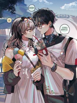 1boy 1girl bare_shoulders black_hair black_jacket breasts commentary_request cup dan_heng_(honkai:_star_rail) dan_heng_(next_stop_yi_county)_(honkai:_star_rail) disposable_cup dress drinking drinking_straw drinking_straw_in_mouth earclip eunha10tea eye_contact eyeliner eyewear_on_head food glasses green_eyes grey_hair hair_ornament hairclip holding holding_cup holding_food holding_ice_cream holding_ice_cream_cone honkai:_star_rail honkai_(series) ice_cream ice_cream_cone jacket large_breasts looking_at_another makeup off_shoulder official_alternate_costume red_eyeliner shirt short_hair sleeveless sleeveless_dress speech_bubble stelle_(honkai:_star_rail) stelle_(world_tour_2023)_(honkai:_star_rail) sunglasses trailblazer_(honkai:_star_rail) translation_request upper_body white_dress white_shirt wristband yellow_eyes