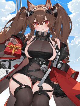 1girl angelina_(arknights) animal_ear_fluff animal_ears animated animated_gif areola_slip arknights arknights:_endfield bare_shoulders black_bodysuit black_gloves black_panties black_thighhighs blue_sky bodysuit box breasts brown_hair cameltoe cloud coat commentary covered_navel crossed_bangs day dot_nose dress english_commentary fox_ears fox_girl gift gift_box gilberta_(arknights) gloves gluteal_fold hair_between_eyes hair_intakes hair_ornament highres holding holding_gift holding_staff incoming_gift large_breasts light_blush long_hair long_sleeves looking_at_viewer off_shoulder open_clothes open_coat orange_eyes outdoors panties red_coat see-through_cleavage see-through_clothes see-through_dress short_dress sideboob sidelocks sitting sky sleeveless sleeveless_dress smile solo staff staff_riding thighhighs twintails underwear upskirt waterring