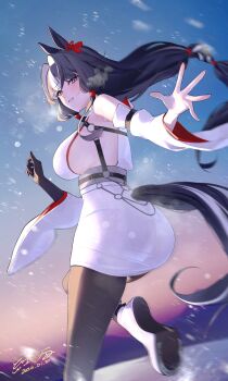 1girl akai_ame animal_ears ass bare_shoulders black_hair black_pantyhose blush breasts detached_sleeves dress grey_eyes horizon horse_ears horse_girl horse_tail large_breasts long_hair original pantyhose sideboob sky smile snow snowing solo sunrise tail white_dress white_sleeves wide_sleeves