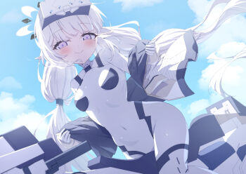 Rule 34 | 1girl, blue archive, blue sky, blush, bodysuit, breasts, closed mouth, cloud, commentary request, covered navel, day, gloves, grey jacket, halo, highres, himari (armed) (blue archive), himari (blue archive), jacket, long hair, long sleeves, low twintails, masaki (msk064), mole, mole under eye, off shoulder, open clothes, open jacket, outdoors, pointy ears, puffy long sleeves, puffy sleeves, purple eyes, sky, small breasts, smile, solo, sweat, twintails, very long hair, white bodysuit, white gloves, white hair