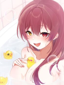 1girl alternate_hairstyle armpit_crease bath bathtub between_breasts blush breasts cleavage collarbone commentary_request ekakimii fang hair_between_eyes hand_on_own_chest heart heart-shaped_pupils heterochromia highres hololive houshou_marine in_bathtub large_breasts long_hair looking_at_viewer nude open_mouth red_eyes red_hair rubber_duck skin_fang smile solo symbol-shaped_pupils upper_body virtual_youtuber water wet yellow_eyes