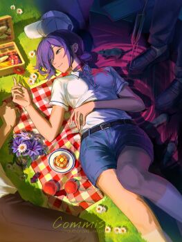 1girl 2boys angel_devil_(chainsaw_man) apple baseball_cap black_choker black_pants blood blue_shorts chainsaw_man choker closed_mouth denji_(chainsaw_man) flower food fruit grass green_eyes hair_bun hat highres kozzz_y lying multiple_boys on_back pancake pants picnic picnic_basket picnic_blanket plate polearm polo_shirt purple_flower purple_hair red_flower reze_(chainsaw_man) shirt shirt_tucked_in shorts smile solo_focus spear weapon white_flower white_shirt